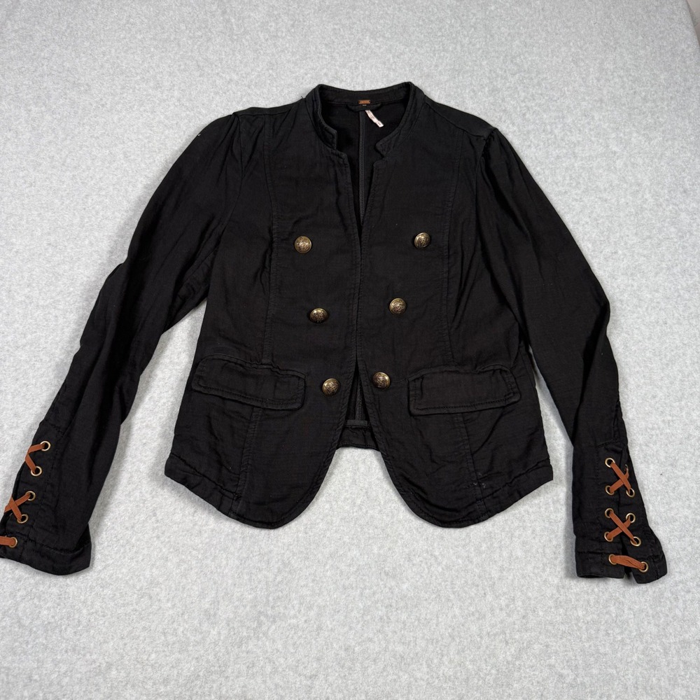 Free People Jagger Black Military Lace Up Cuff Jacket Brass Button Blazer Medium
